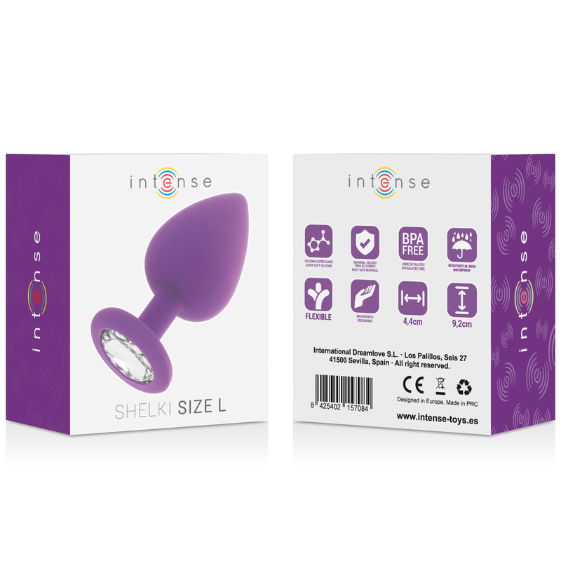 Purple silicone anal plug with jeweled base, large size, shown with front and back Intense packaging.