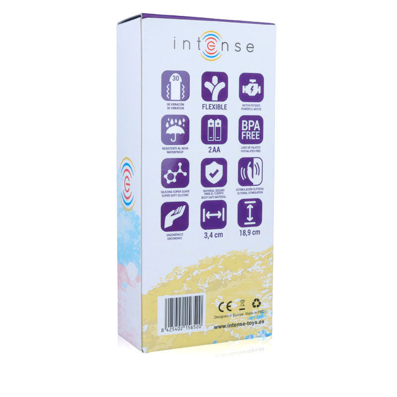 Purple and white packaging box for Intense Hilari vibrator with icons showing features.