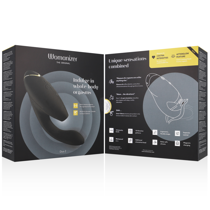Black ergonomic Duo 2 stimulator with flexible design displayed with packaging box showing product features and illustrations.