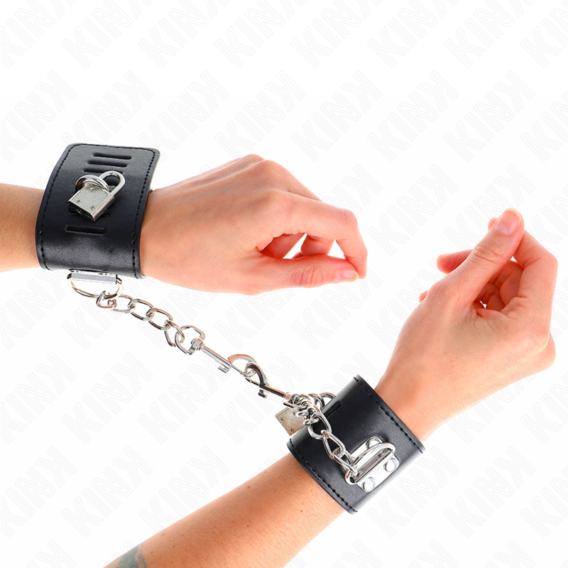 KINK - Handgelenksfesseln mit Vorhängeschlossverschluss, schwarz, verstellbar, 16-23 cm x 5,5 cm