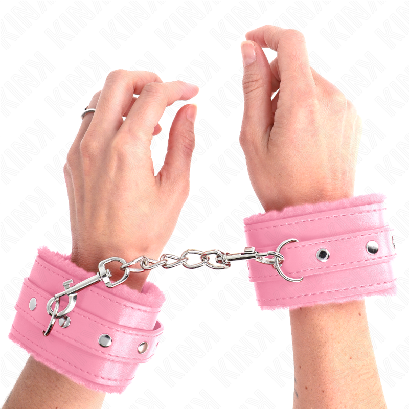 KINK - RÓŻOWE, WYKOŃCZONE FUTREM UCHWYTY NA NADGARSTKI Z RÓŻOWYM PASKIEM, REGULOWANE 17-29 CM X 6 CM