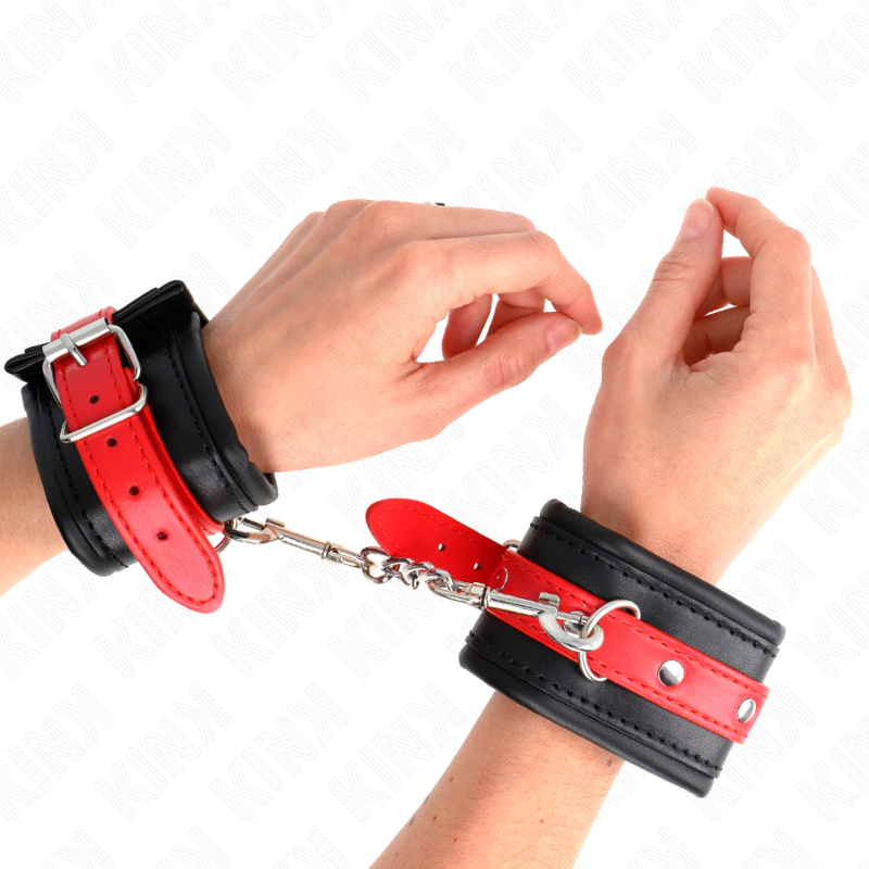 KINK - KLAMRY NA NADGARSTKI CZARNE Z CZERWONYM PASKIEM REGULOWANE 17-28 CM X 6 CM