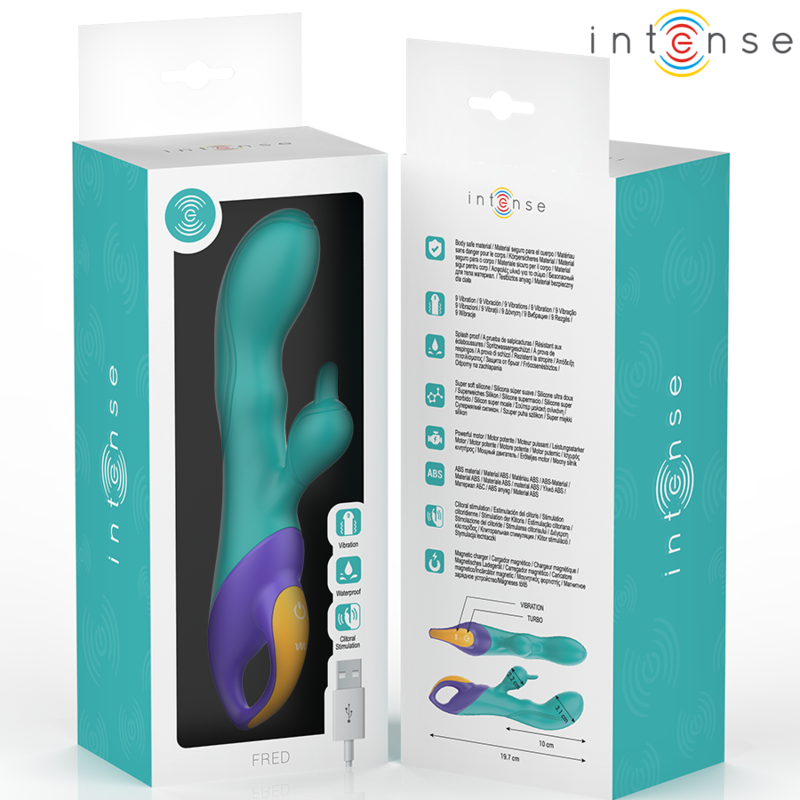 Blue and purple silicone vibrator with curved tip and rabbit-shaped clitoral stimulator in packaging.