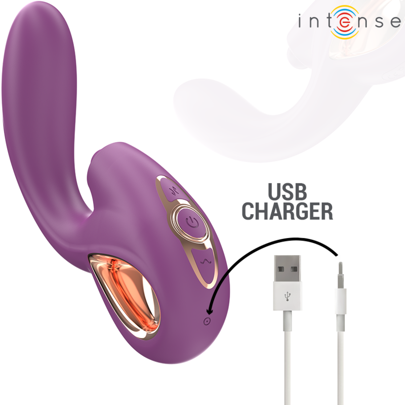 Purple multifunction G-spot vibrator with curved tip, gold accent, and USB charger cable.