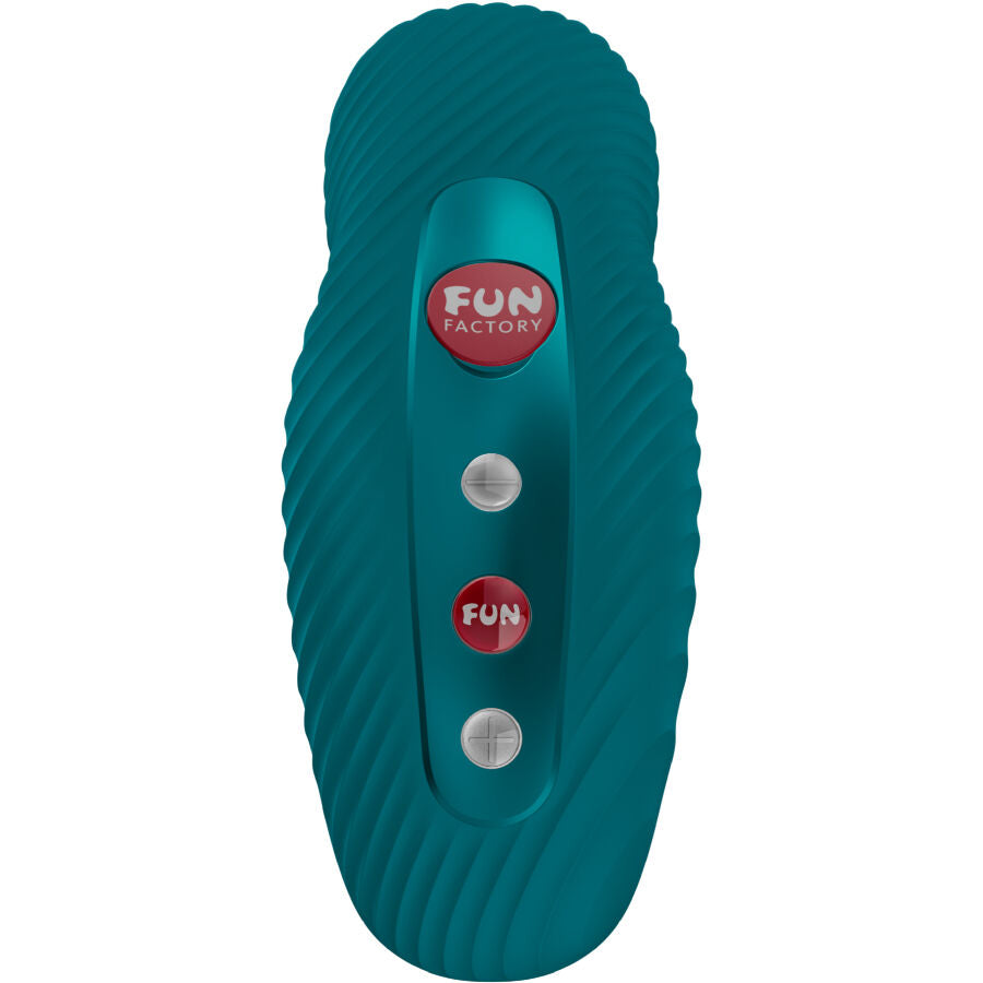Teal lay-on vibrator with textured surface and three circular buttons in red and silver.