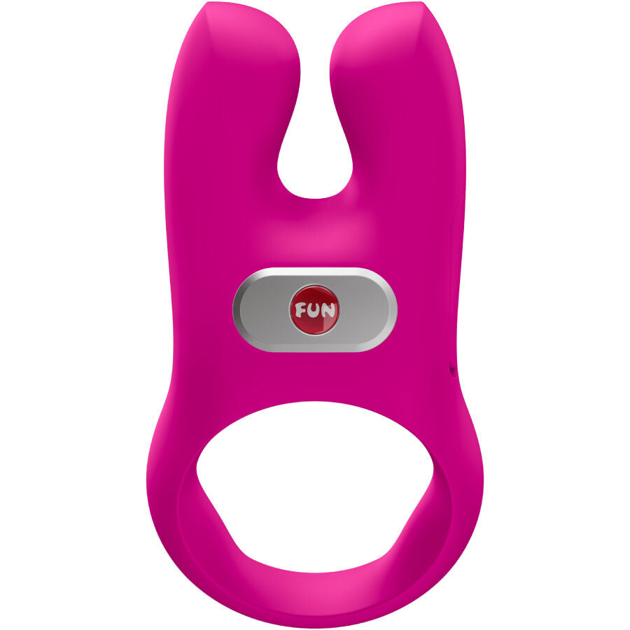 Magenta silicone vibrating cock ring with dual prongs and central control button.