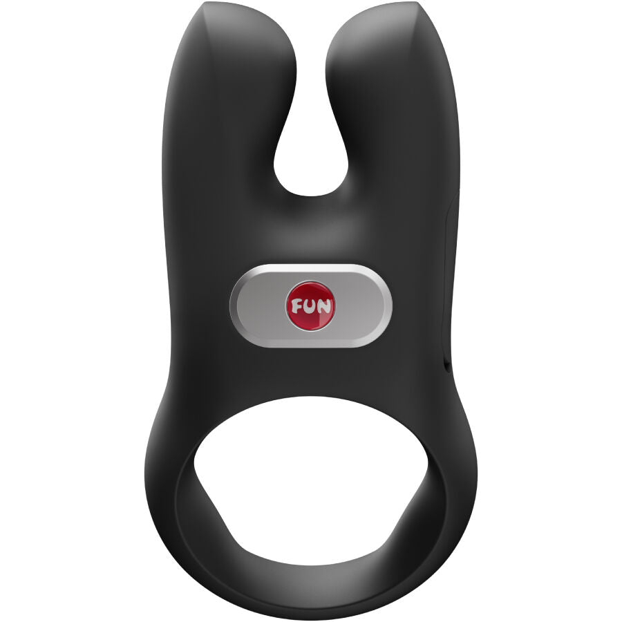 Black silicone vibrating cock ring with dual prongs and red "FUN" button on front.