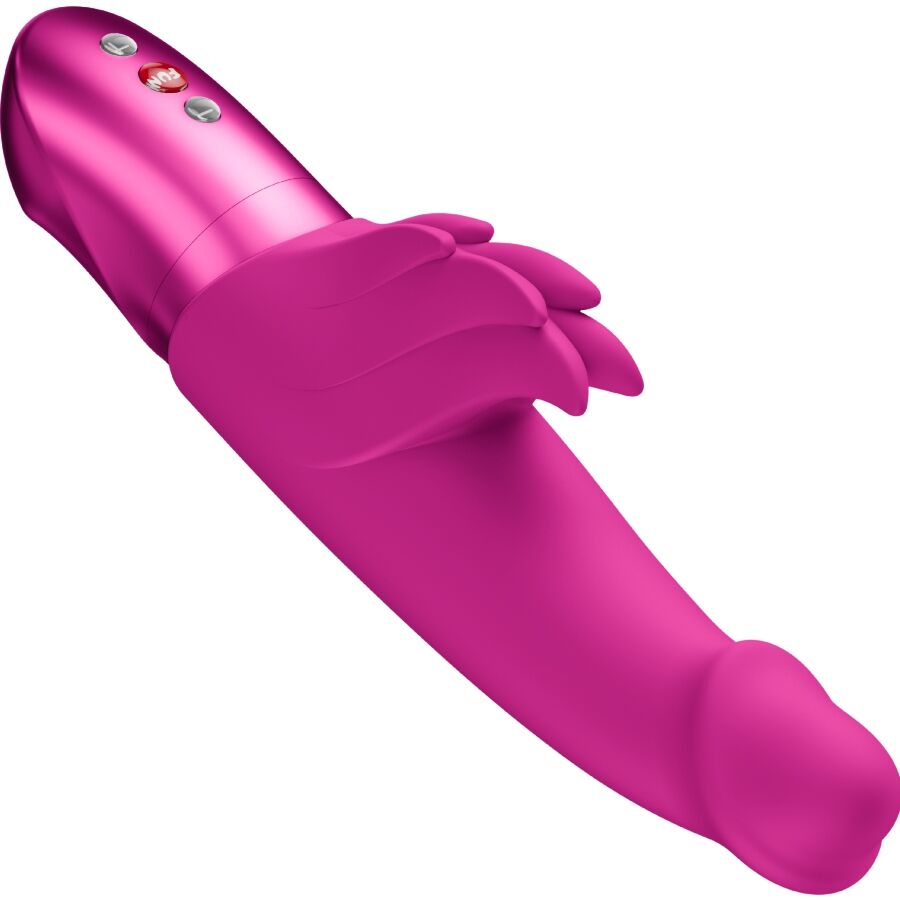 Magenta rabbit vibrator with curved shaft and flexible clitoral stimulator, three metallic buttons on handle.