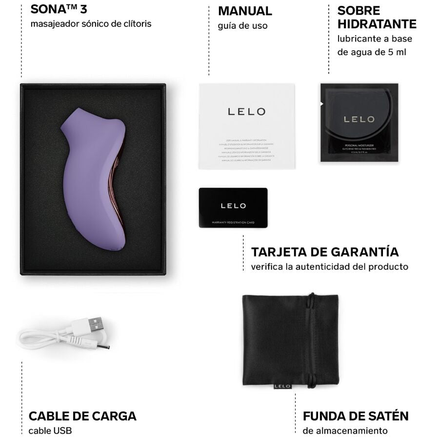 Violet dusk LELO SONA 3 sonic clitoral massager with USB charging cable, satin pouch, user manual, lubricant sachet, and.