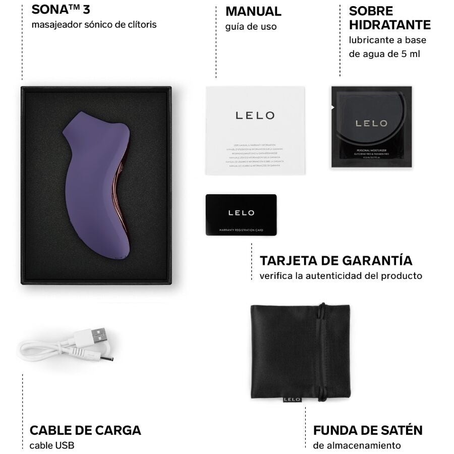 Cyber purple LELO SONA 3 sonic clitoral massager with charging cable and satiny storage pouch.