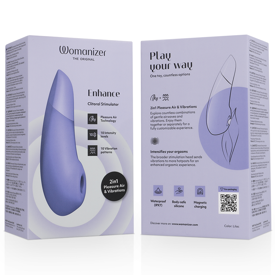 Lilac Womanizer Enhance clitoral stimulator with ergonomic shape and pulse wave technology on product box.