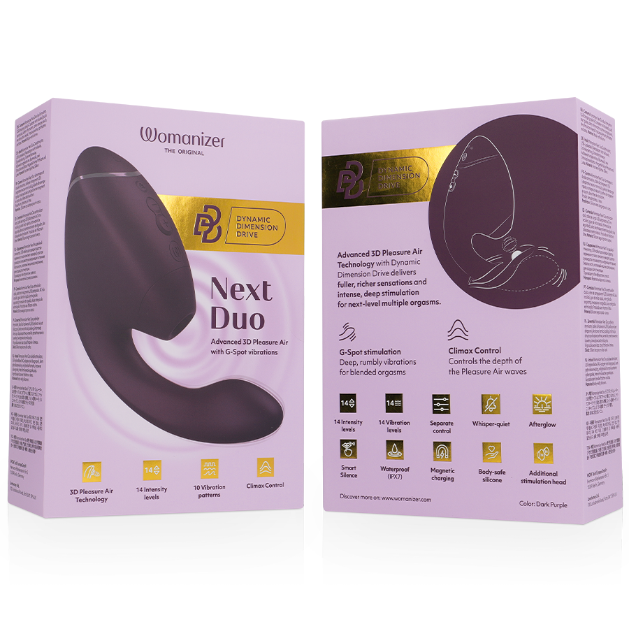Dark purple Womanizer Next Duo dual clitoral and G-spot stimulator with charging cable and packaging box.