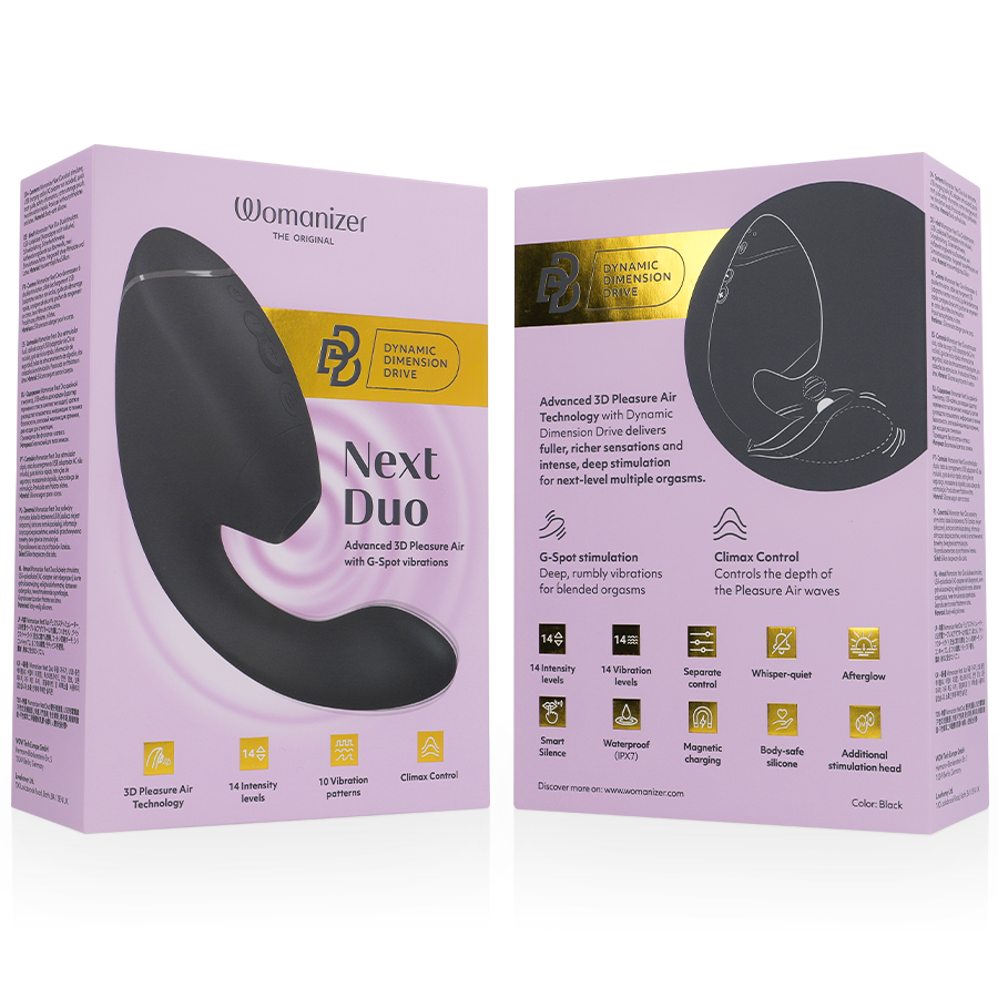 Black dual clitoral and G-spot stimulator with ergonomic curve, shown on purple product packaging.