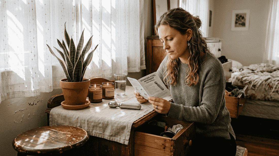 Woman reading eco-friendly sex toy manual