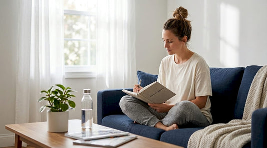 Woman journaling in cozy living room morning