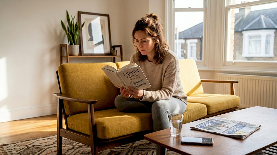 Woman reading wellness book in living room