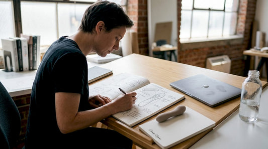 Designer sketching clitoral stimulator concepts at desk