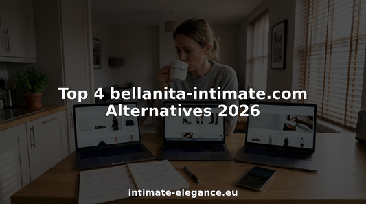 Woman comparing luxury product websites at kitchen island