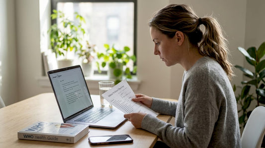 Woman reviews intimate wellness checklist in apartment