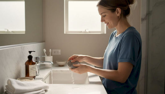 Person cleaning silicone item at bathroom sink
