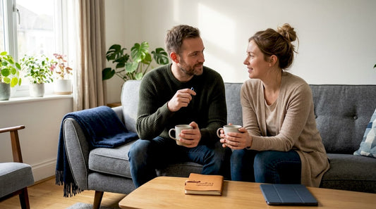 Couple talking together on sofa with coffee