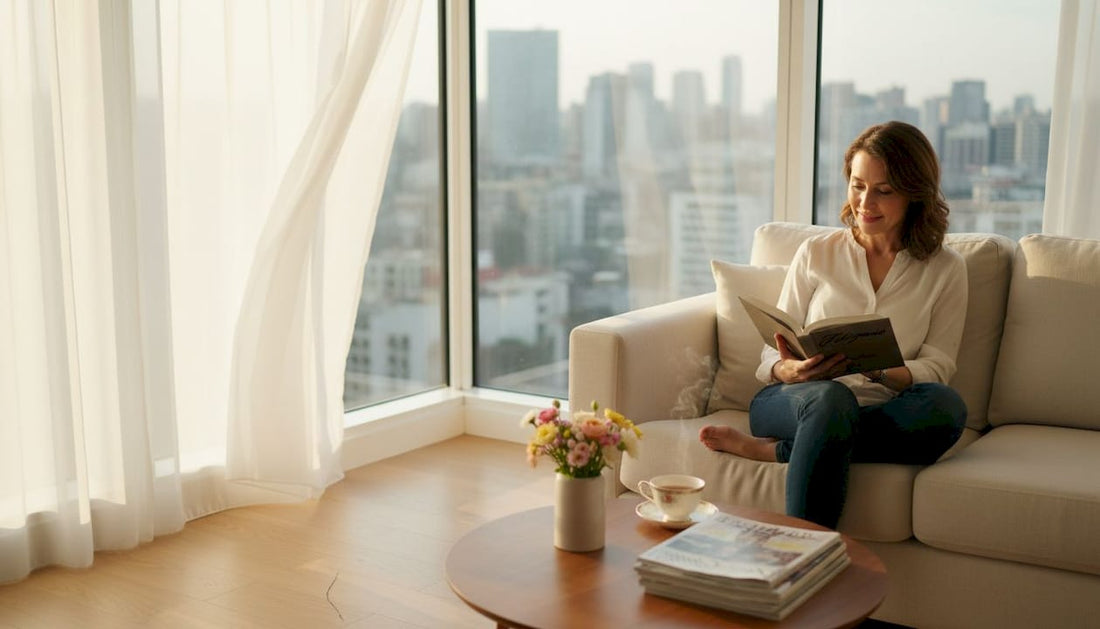 Woman reading in private luxury living room
