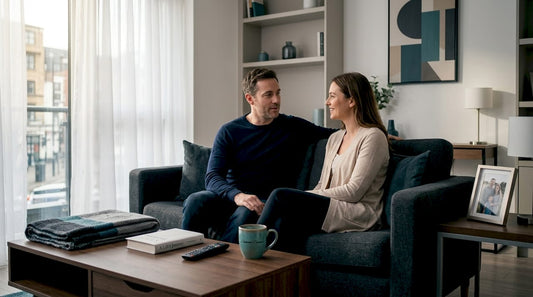 Couple in conversation on living room sofa