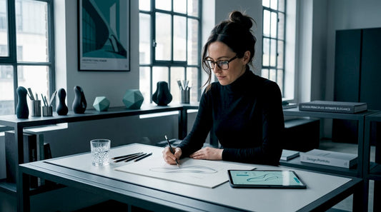 Product designer sketching luxury prototype at drafting table