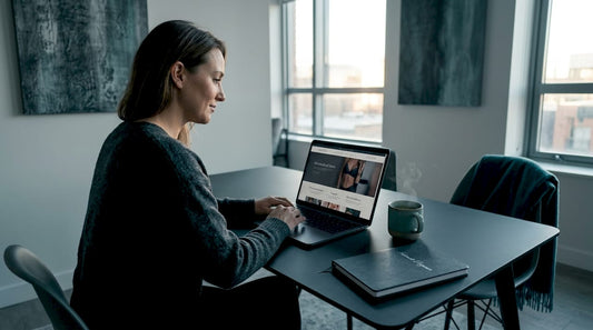 Woman shopping online at tidy home desk