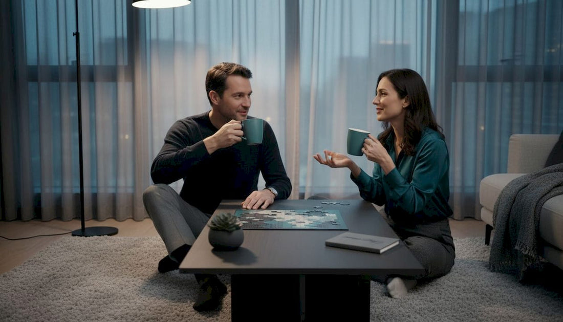 Couple connecting in a cozy living room