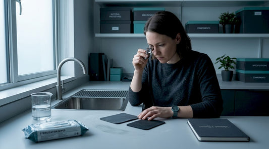 Designer examines silicone versus rubber sample