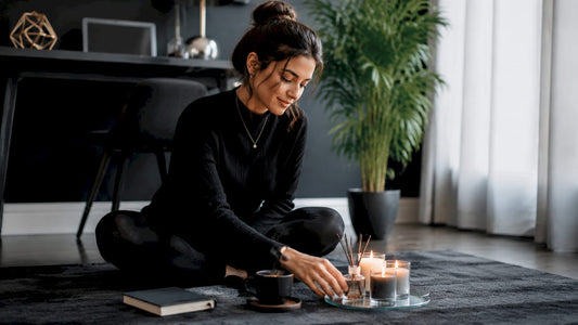 Woman arranging sensual self-care items
