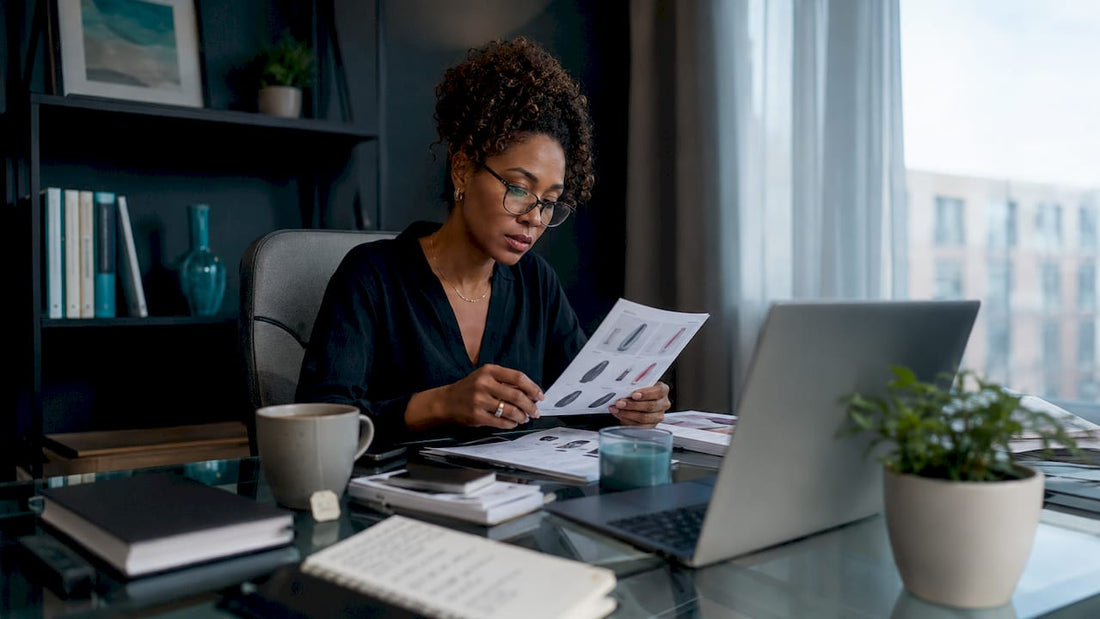 Woman studying adult product terminology documents