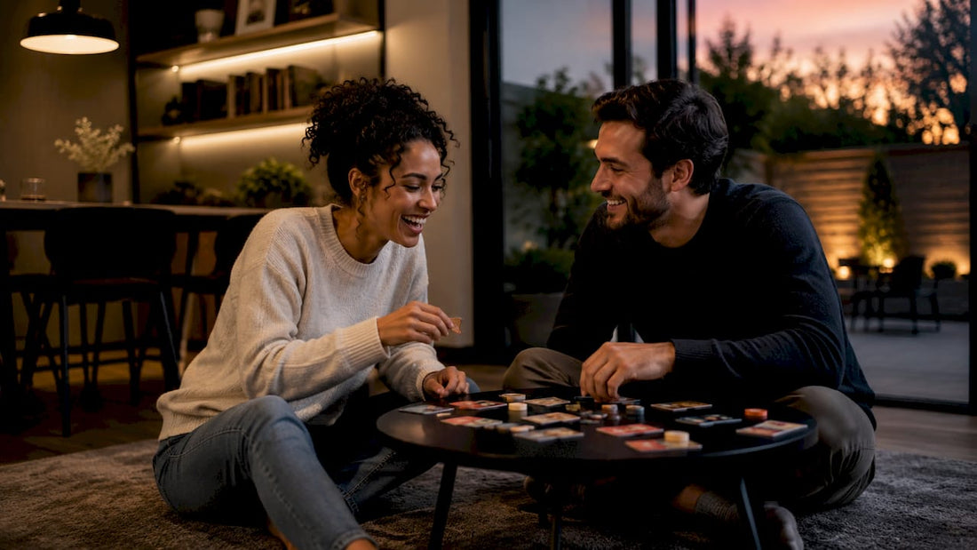Young couple playing a board game together at home