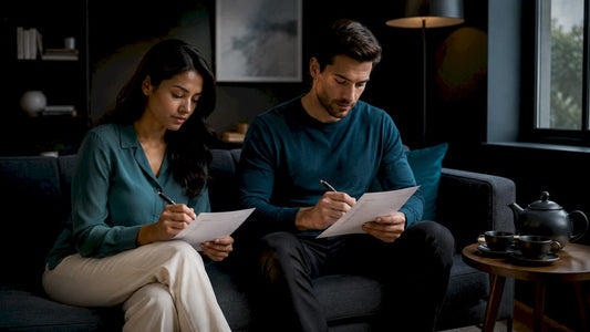 Couple filling out intimacy checklists at home