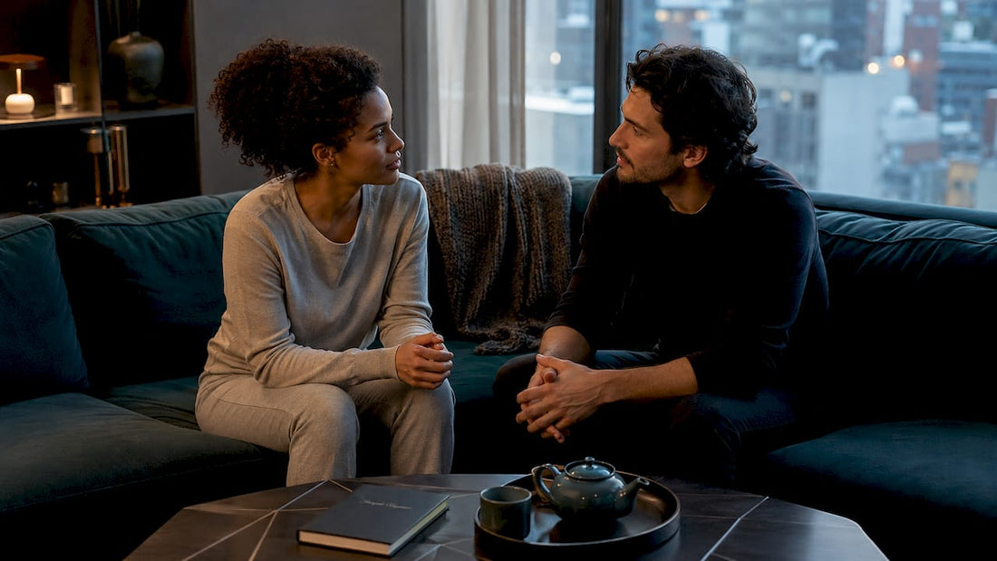 Couple discussing sexual discretion at home