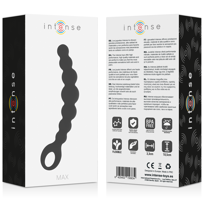 Black graduated silicone anal beads with handle, displayed on white box packaging with multicolor logo and product info text.