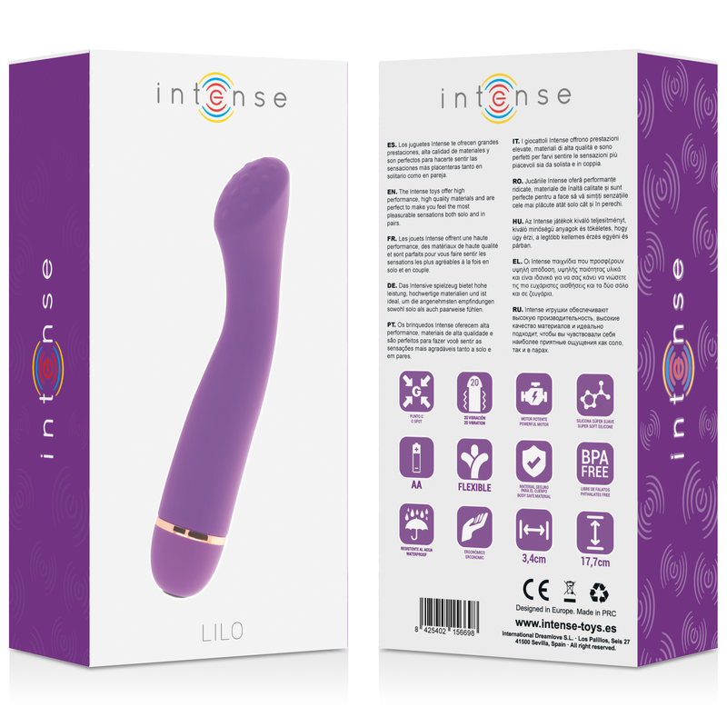 Lilac silicone vibrator with curved tip and gold accent on white packaging with product details and icons.