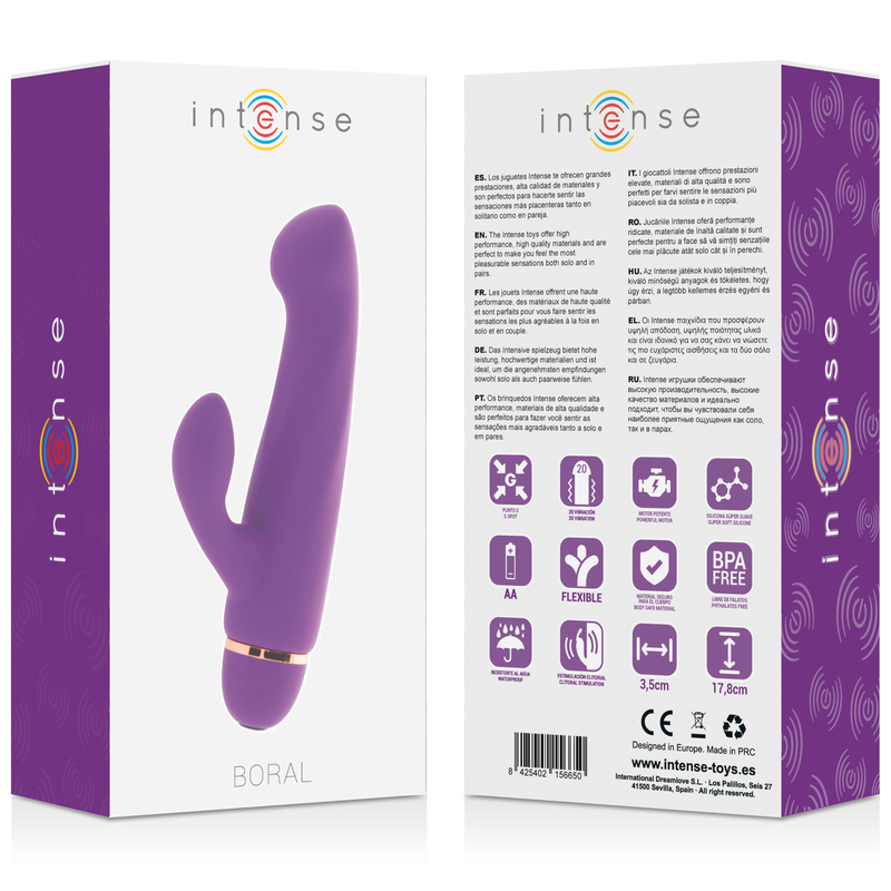 Silicone lilac dual-stimulation vibrator with smooth curved shaft and smaller external arm on white box packaging.