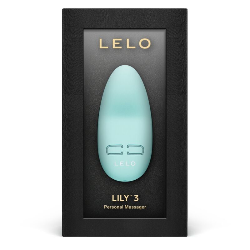 Aqua green LELO Lily 3 personal massager in black and gold branded packaging.