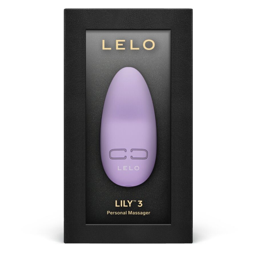 Lilac LELO Lily 3 personal massager with smooth, sleek design in black and gold box.