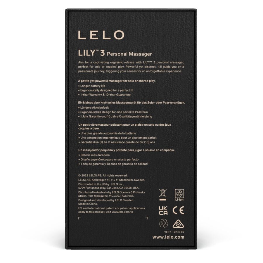 Black LELO Lily 3 personal massager box with gold and white text detailing product features and usage instructions.