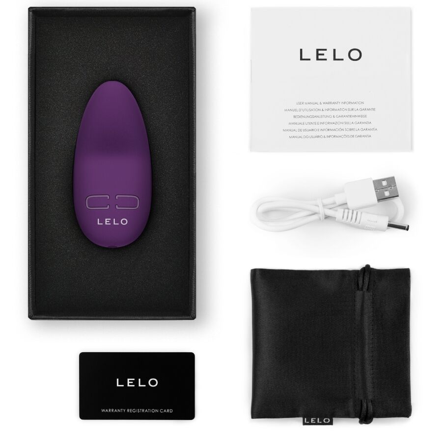 Purple LELO Lily 3 personal massager with USB charging cable, black storage pouch, and manuals in black box.
