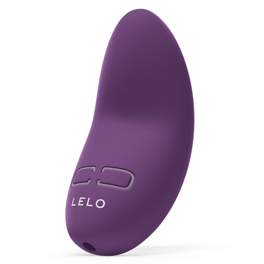 Compact curved purple personal massager with smooth silicone surface and two control buttons.