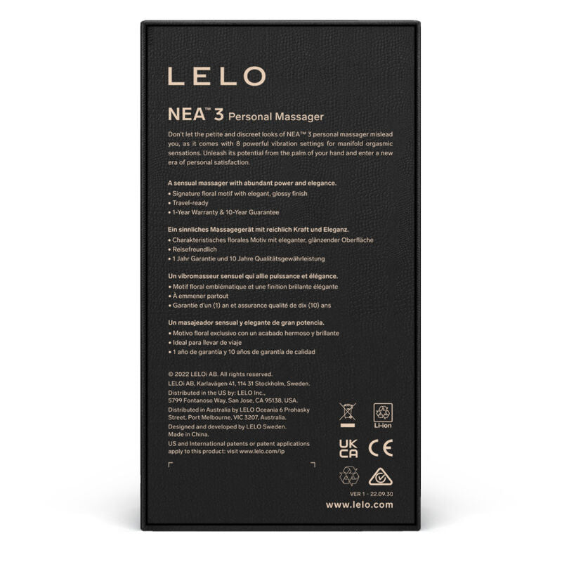 Black LELO NEA 3 personal massager packaging box with gold and white text detailing features and certifications.