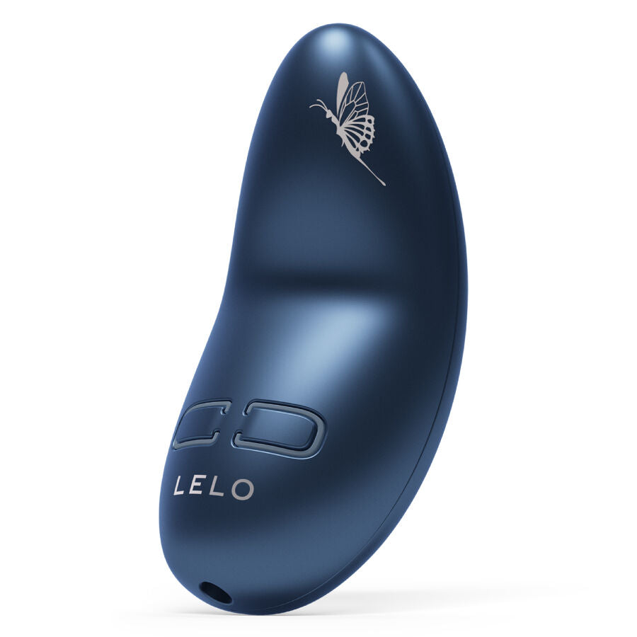 Curved blue personal massager with butterfly design and LELO branding.