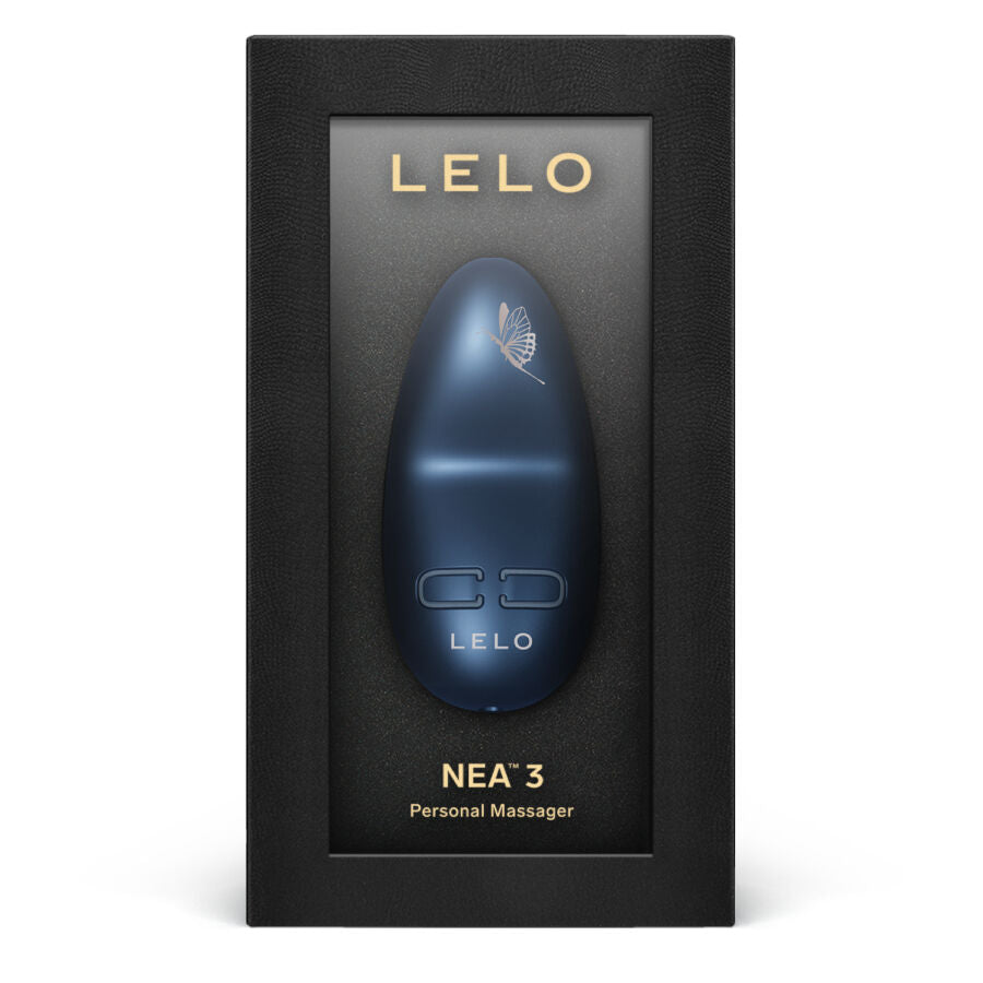 Blue LELO NEA 3 personal massager with smooth, curved design in black and gold-accented box.