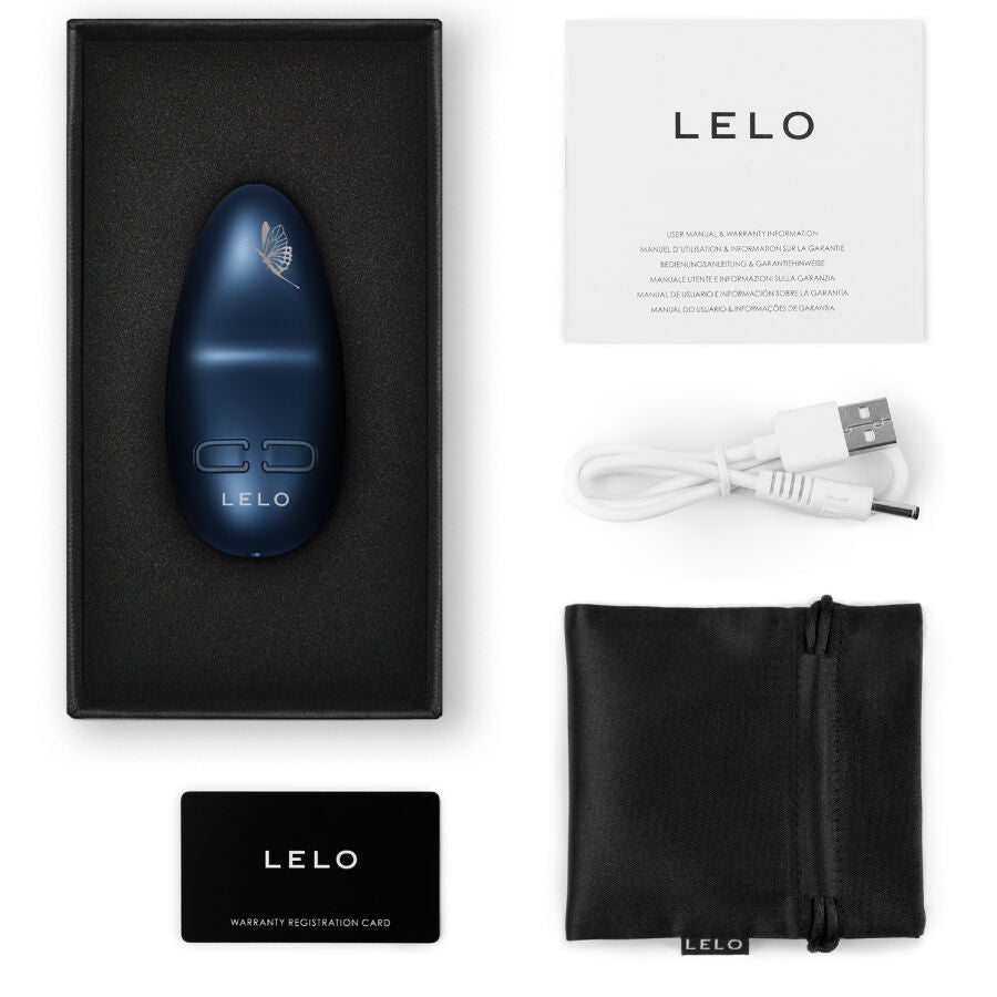 Blue LELO Nea 3 personal massager with USB charging cable, black storage pouch, and instruction card in black box.