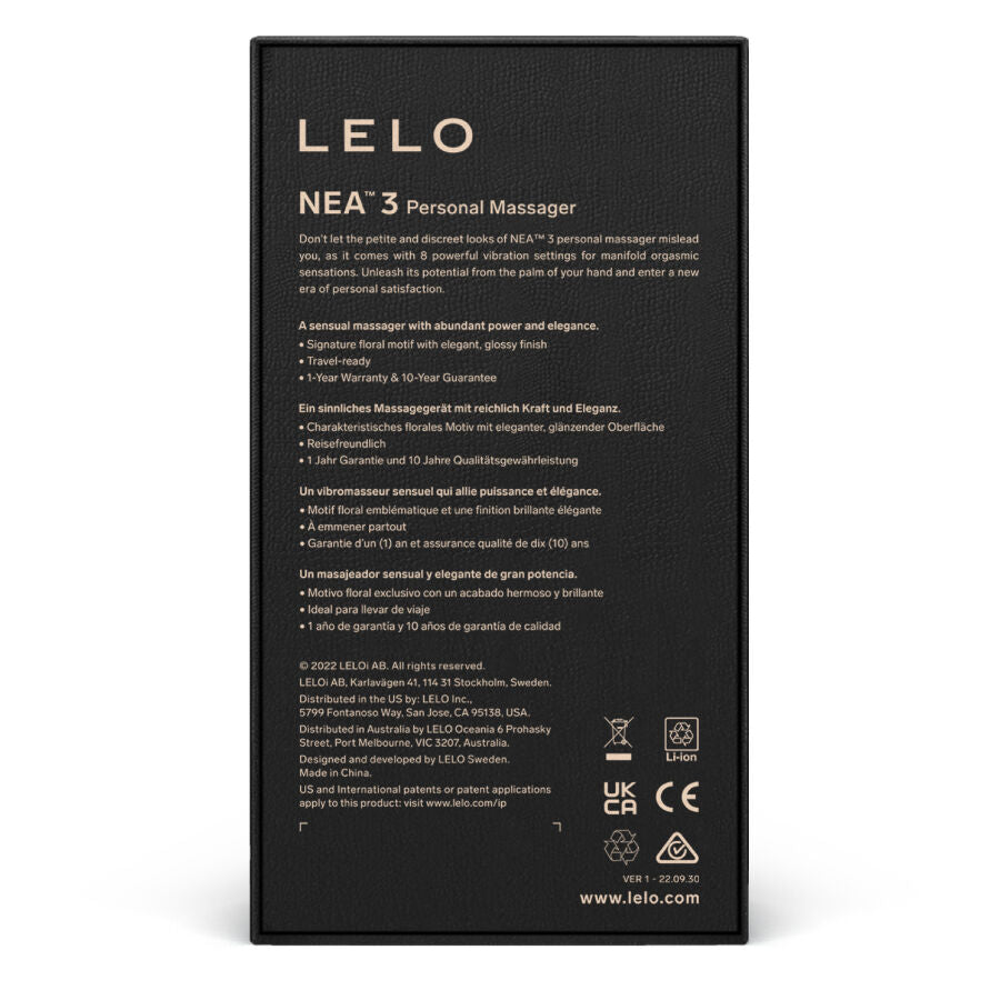 LELO NEA 3 Personal Massager black packaging box with gold text details.