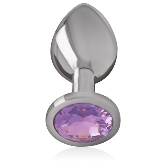 Silver aluminum anal plug with smooth teardrop shape and violet crystal base.